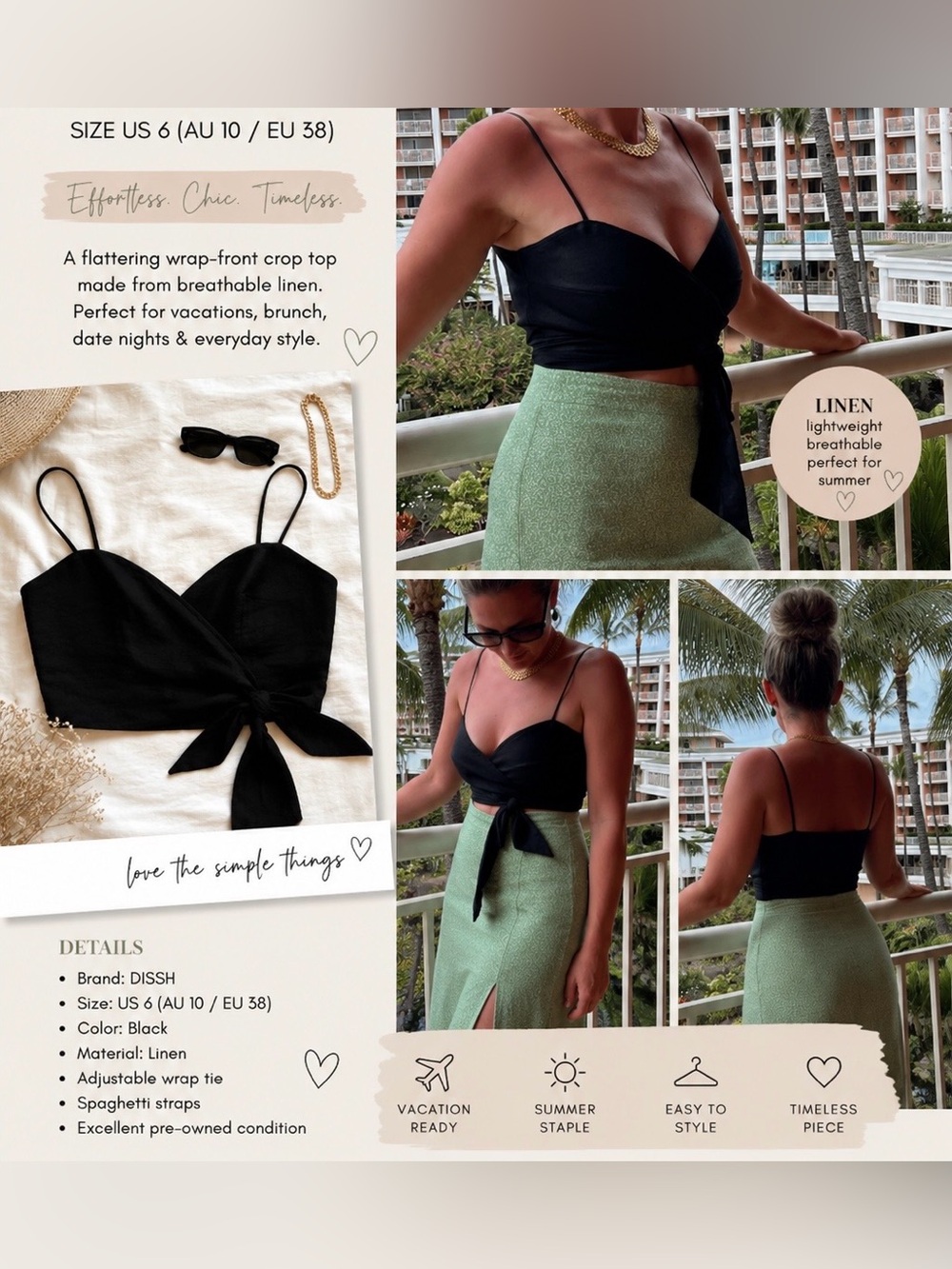 DISSH Zuma Wrapped Black Linen Crop Top size 6
